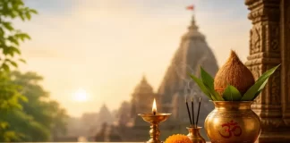 हिंदू धर्म के व्रत, पर्व और त्योहार से संबंधित पूजा सामग्री और मंदिर का दृश्य
