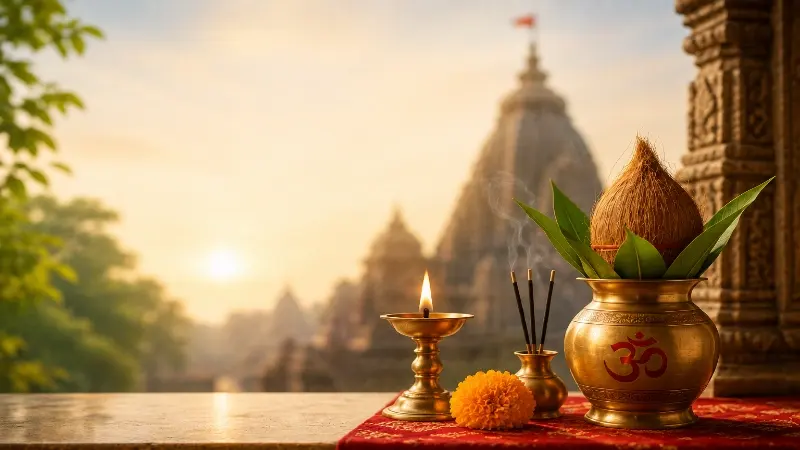 हिंदू धर्म के व्रत, पर्व और त्योहार से संबंधित पूजा सामग्री और मंदिर का दृश्य
