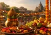 पर्व एवं त्योहार के लिए पूजा सामग्री, कलश, दीपक और मंदिर का धार्मिक दृश्य