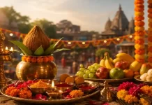 पर्व एवं त्योहार के लिए पूजा सामग्री, कलश, दीपक और मंदिर का धार्मिक दृश्य