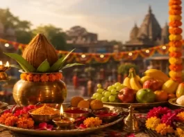 पर्व एवं त्योहार के लिए पूजा सामग्री, कलश, दीपक और मंदिर का धार्मिक दृश्य