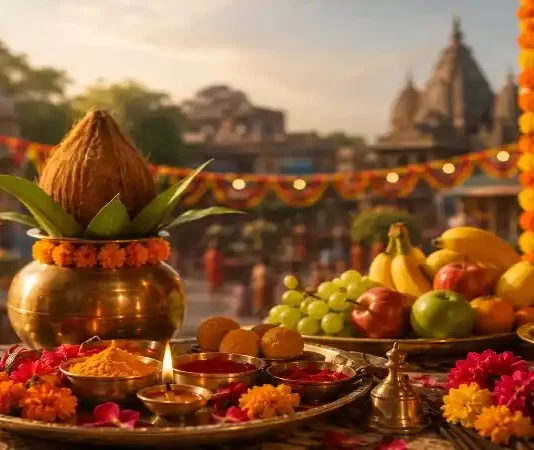 पर्व एवं त्योहार के लिए पूजा सामग्री, कलश, दीपक और मंदिर का धार्मिक दृश्य