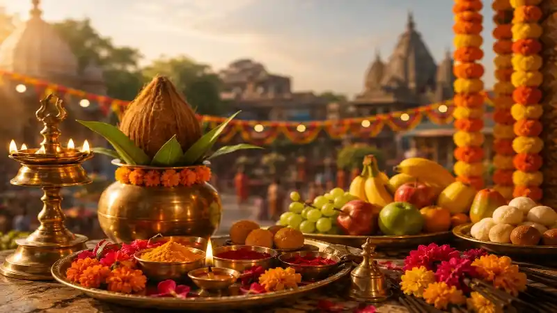 पर्व एवं त्योहार के लिए पूजा सामग्री, कलश, दीपक और मंदिर का धार्मिक दृश्य