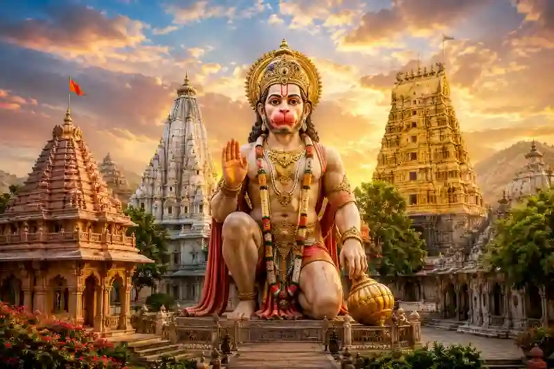 भारत के प्रसिद्ध हनुमान मंदिरों का प्रतीकात्मक दृश्य