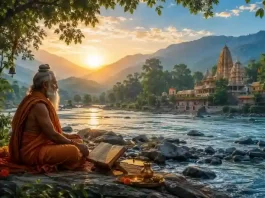 सनातन धर्म का शांत आध्यात्मिक दृश्य जिसमें नदी किनारे ध्यान करते ऋषि और प्राचीन हिंदू मंदिर दिखाई दे रहा है