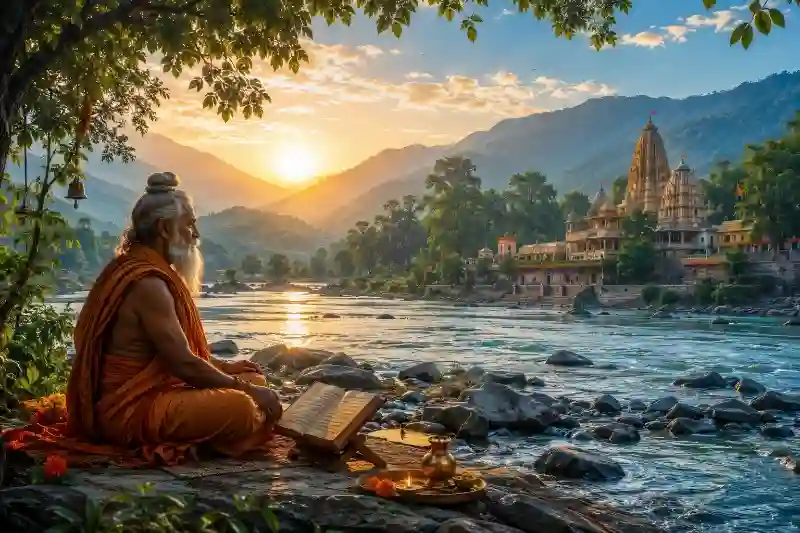 सनातन धर्म - आध्यात्मिक जीवन और भारतीय संस्कृति सनातन धर्म का शांत आध्यात्मिक दृश्य जिसमें नदी किनारे ध्यान करते ऋषि और प्राचीन हिंदू मंदिर दिखाई दे रहा है