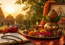 व्रत एवं पूजा की सामग्री के साथ सजा हुआ हिंदू पूजा स्थल