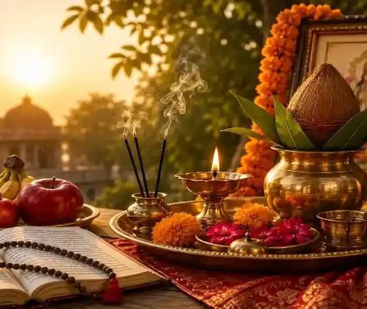 व्रत एवं पूजा की सामग्री के साथ सजा हुआ हिंदू पूजा स्थल