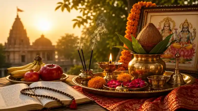 व्रत एवं पूजा की सामग्री के साथ सजा हुआ हिंदू पूजा स्थल
