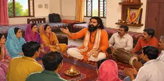 मेहंदीपुर बालाजी में भगत के साथ बैठी संगत
