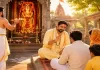 मेहंदीपुर बालाजी में पुजारी और भगत में क्या अंतर है? मेहंदीपुर बालाजी मंदिर में हल्के पीले कपड़ों में भगत और पूजा करते पुजारी