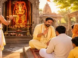 मेहंदीपुर बालाजी मंदिर में हल्के पीले कपड़ों में भगत और पूजा करते पुजारी
