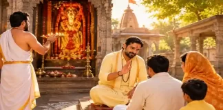 मेहंदीपुर बालाजी मंदिर में हल्के पीले कपड़ों में भगत और पूजा करते पुजारी