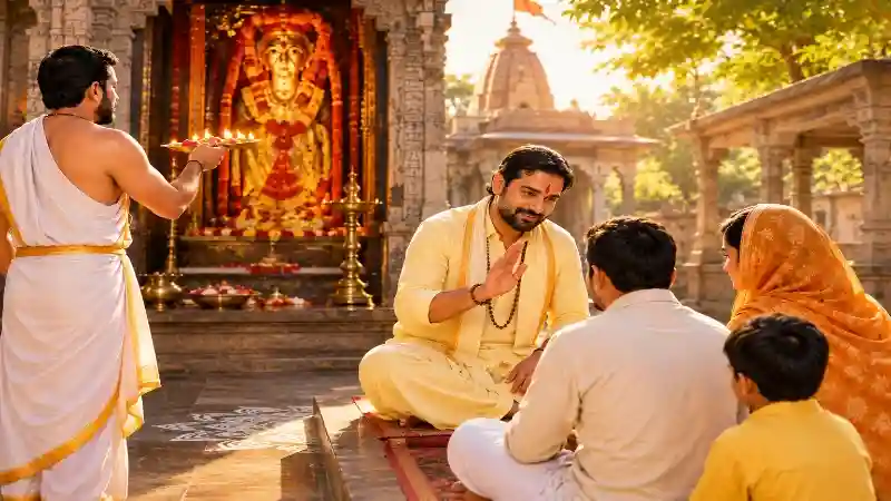 मेहंदीपुर बालाजी मंदिर में हल्के पीले कपड़ों में भगत और पूजा करते पुजारी